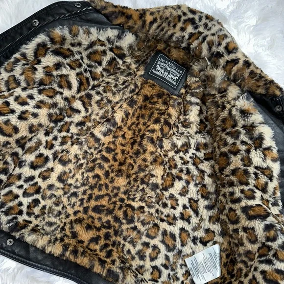 [ Levi’s ] Women’s Leopard Print Fur Lined Leather Jacket - Picture 14 of 16